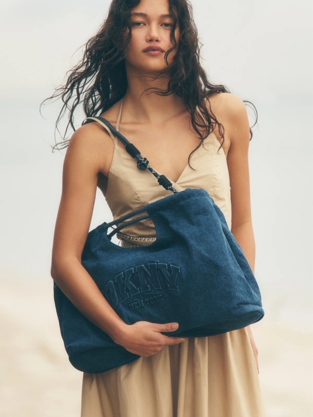 DKNY Deep Blue Canvas Shoulder Tote with Embossed Logo
